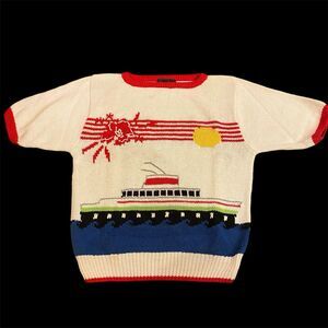 Vtg 80s Knit Sweater L Cruise Wear Ships Tropical Palms Sh Sleeves Ramie/Cotton